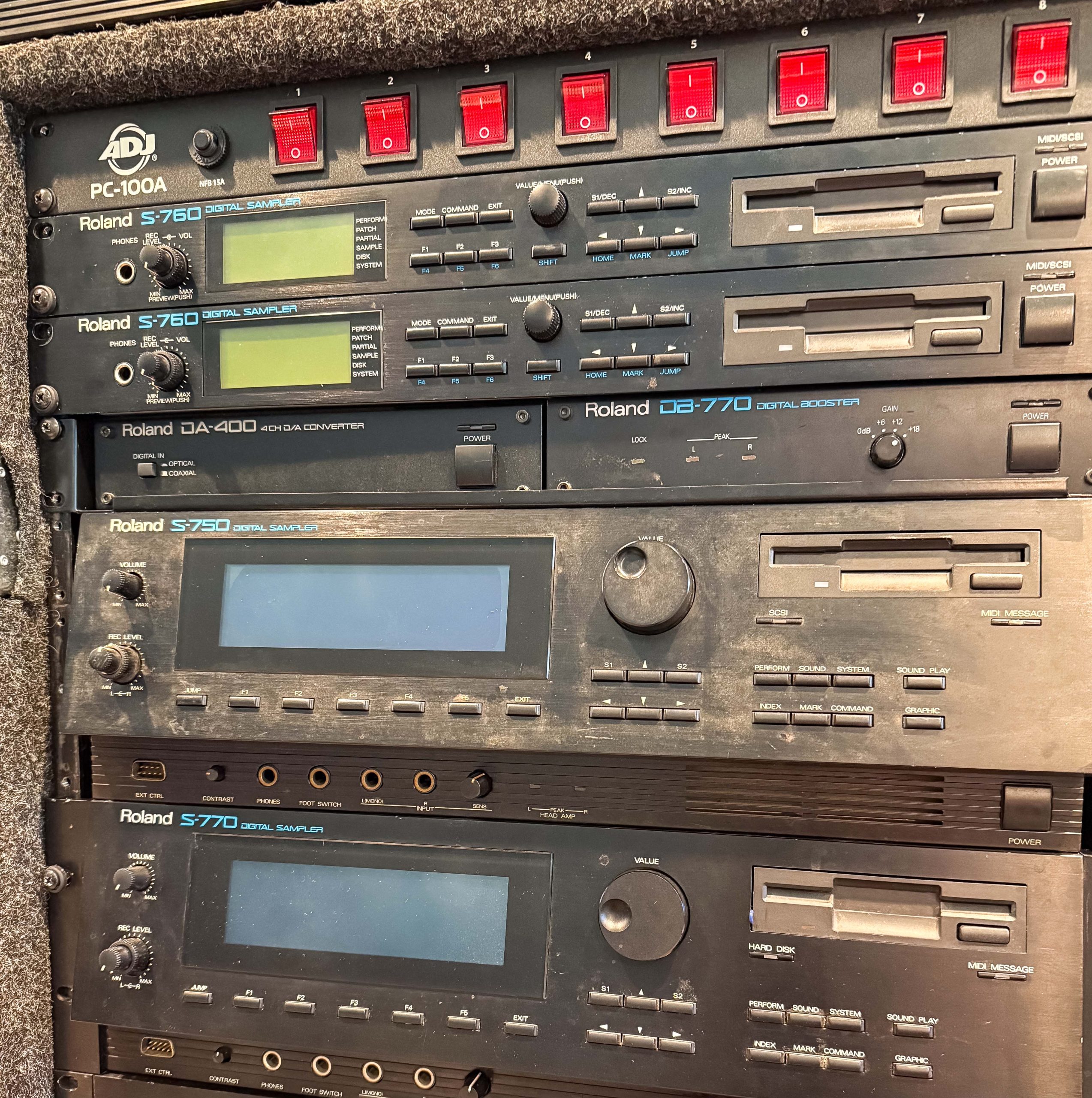 Ryeland Allison's Roland 700-series samplers, including the S-750, S-760 (x2), and S-770 Digital Samplers.