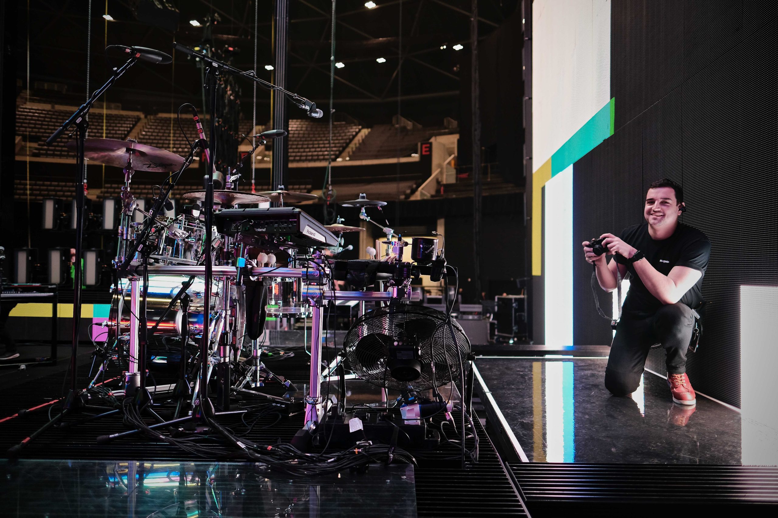 Drum tech Tom 'Woody' Wood on tour with The 1975 in January 2019