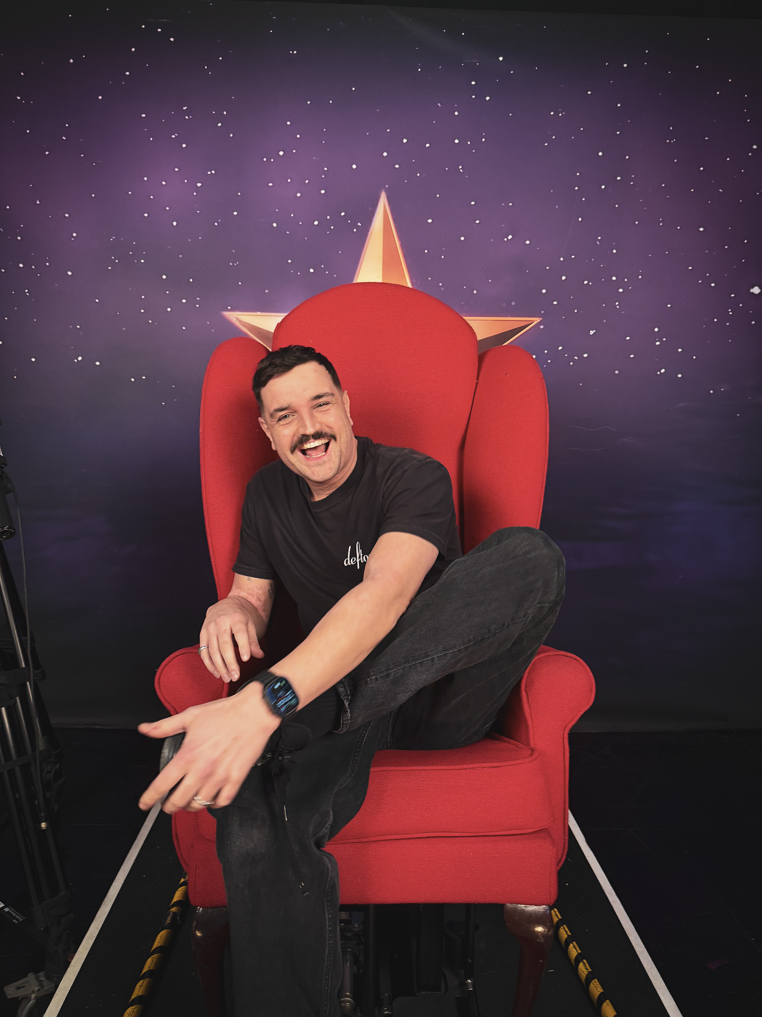 Drum tech Tom 'Woody' Wood on the set of The Graham Norton Show