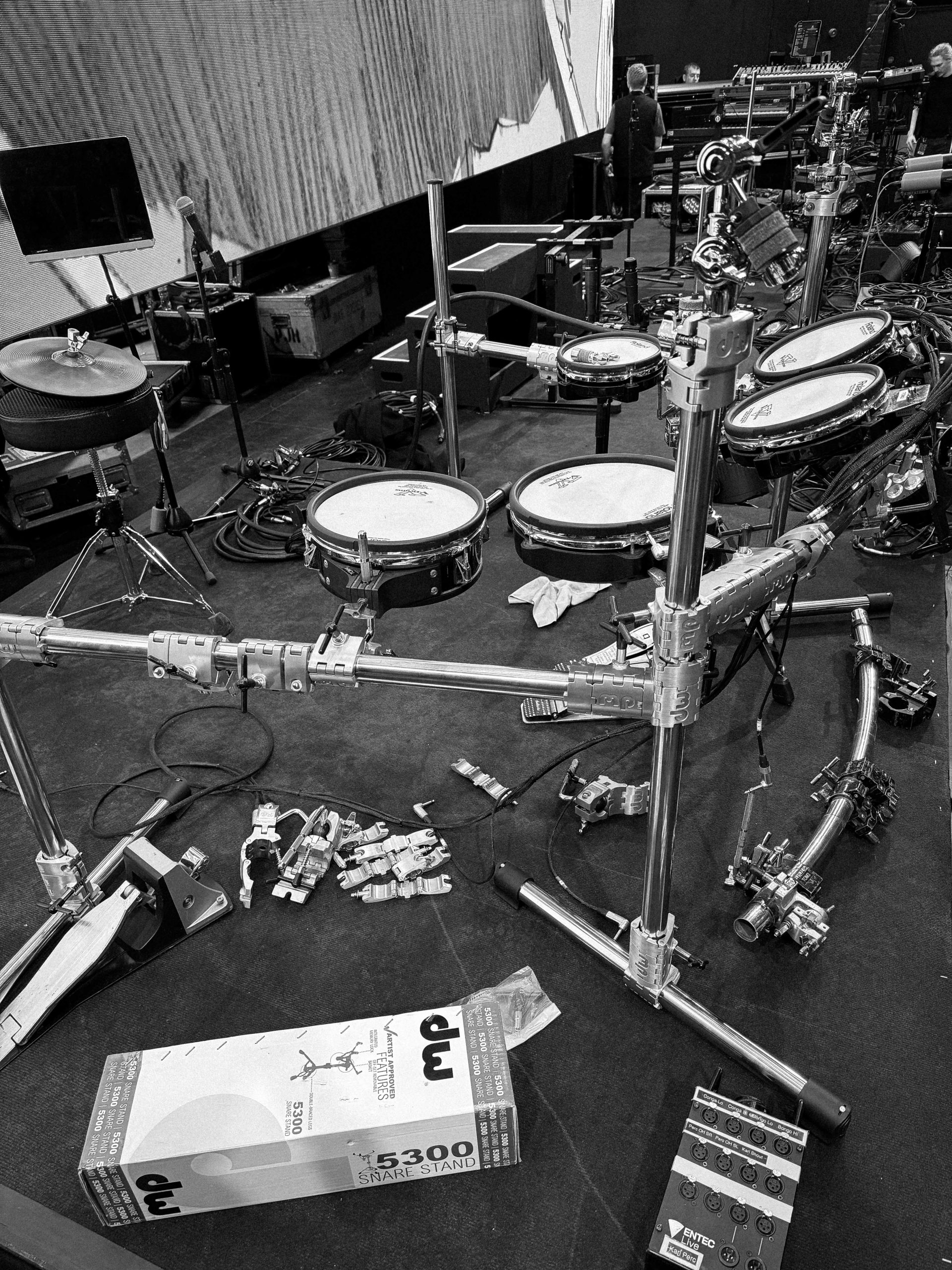 Drum tech Tom 'Woody' Wood—Gorillaz percussionist and hybrid drummer Karl Vanden Bossche's new DW rack