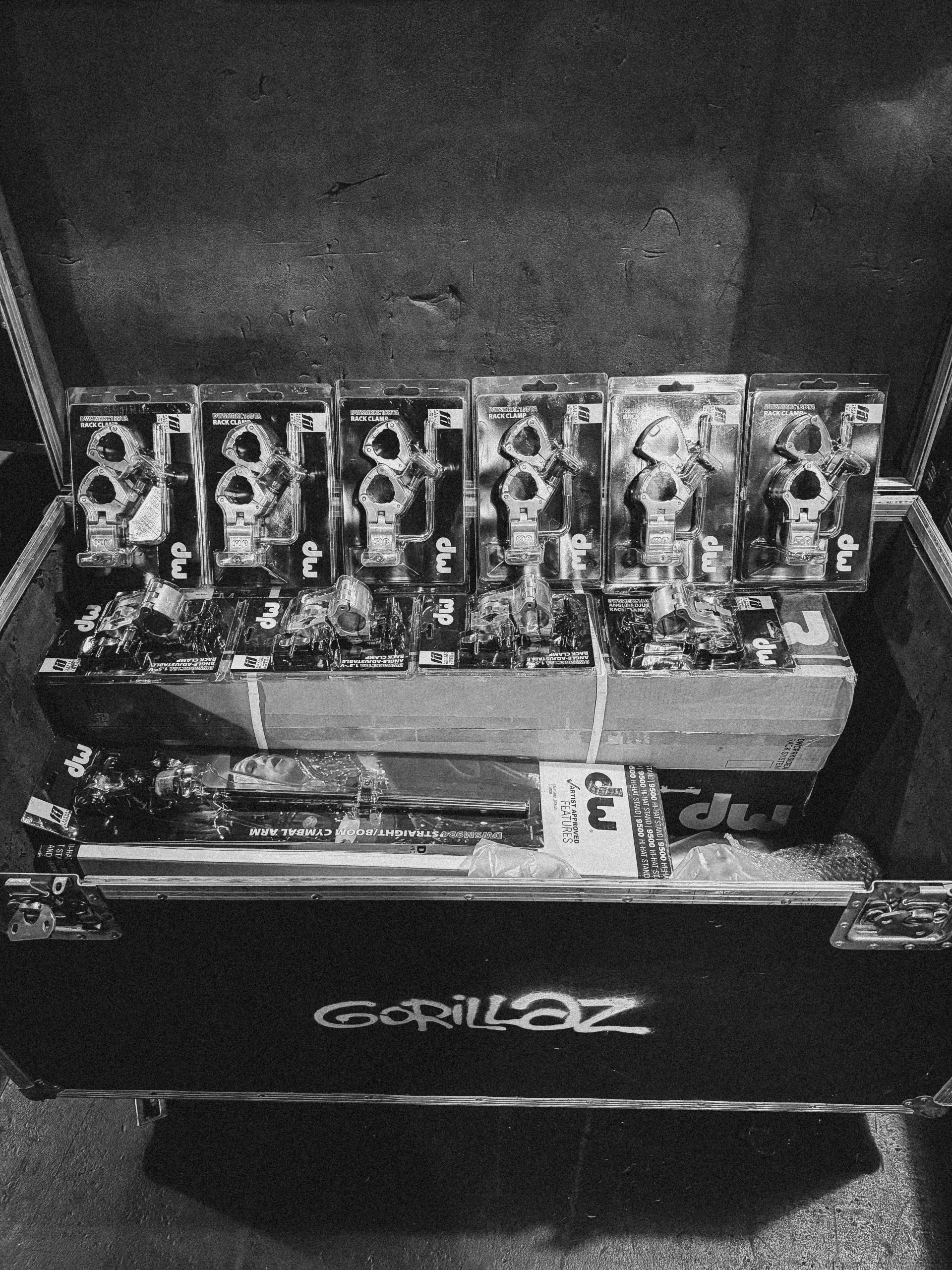 Drum tech Tom 'Woody' Wood with Gorillaz in 2026—new DW hardware for Karl Vanden Bossche