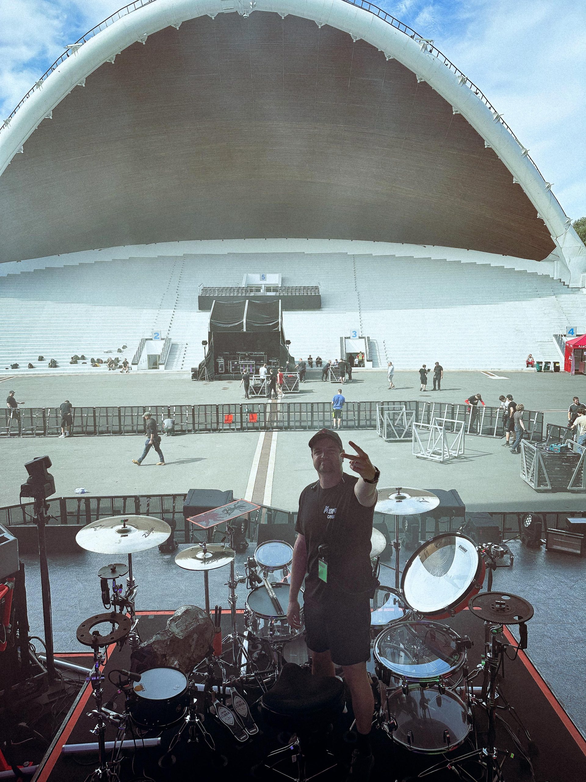 Drum tech Tom 'Woody' Wood on tour with The Prodigy in August 2024