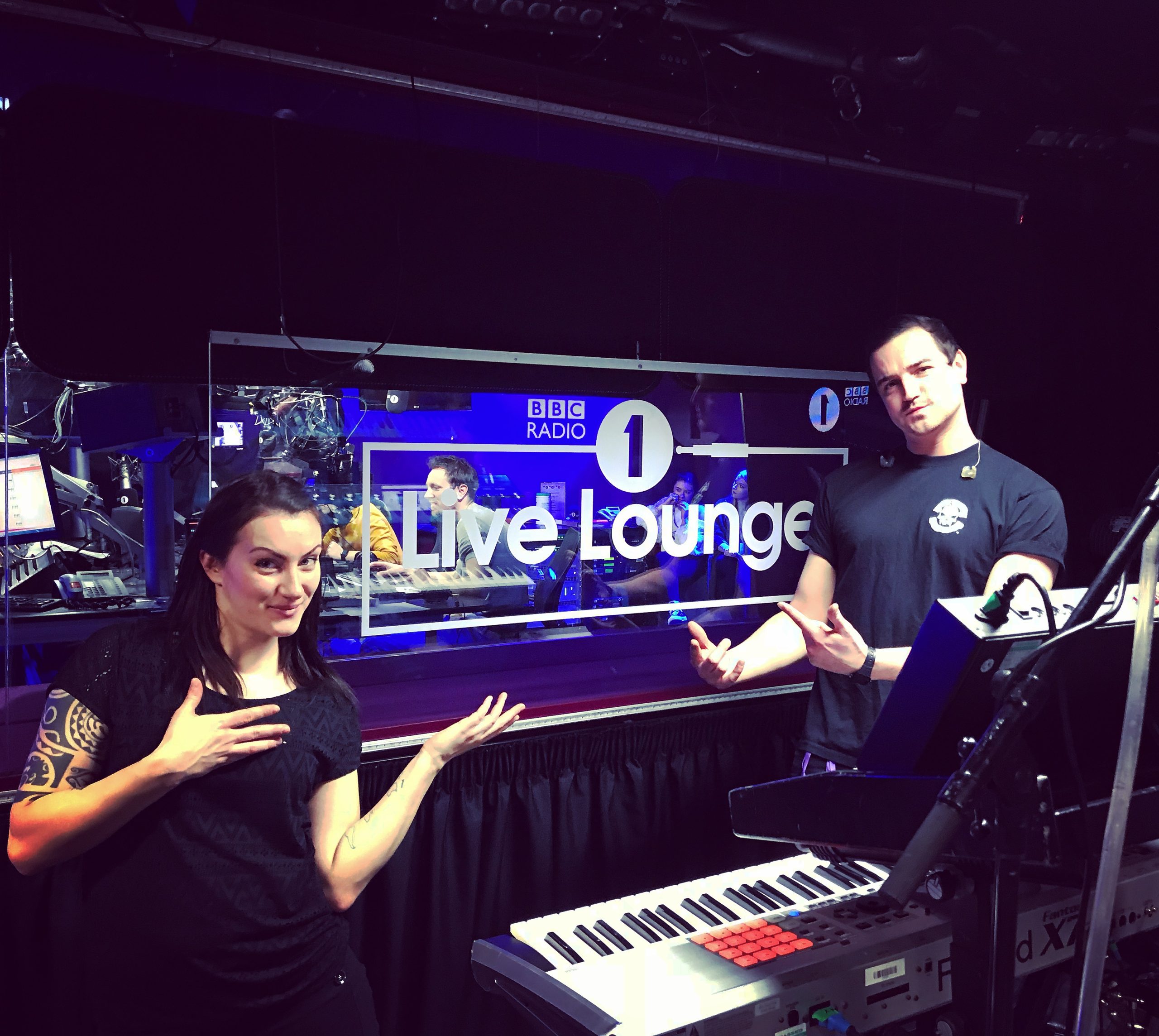 Drum tech Tom 'Woody' Wood with fellow tech Sara Ferrero
